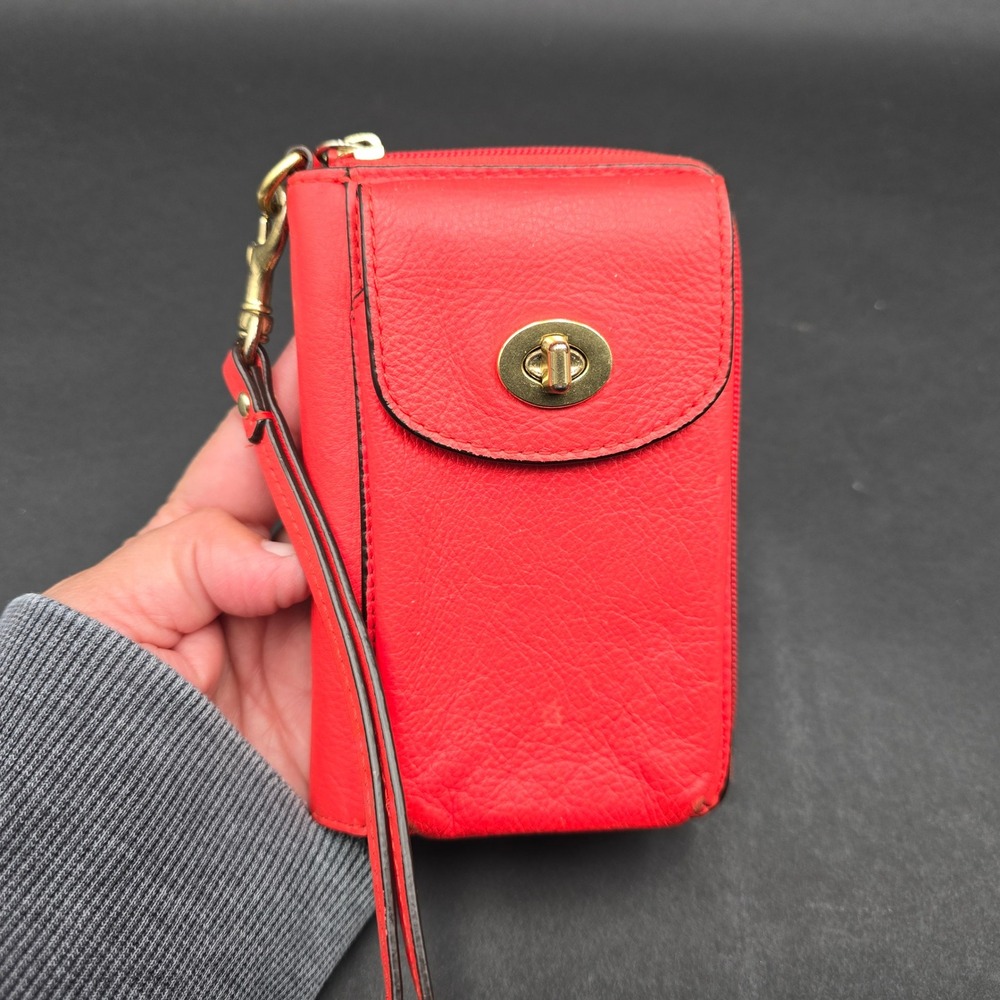 Coach Red Orange Pebbled Leather Turnlock Wristlet Wallet ID Window Gold